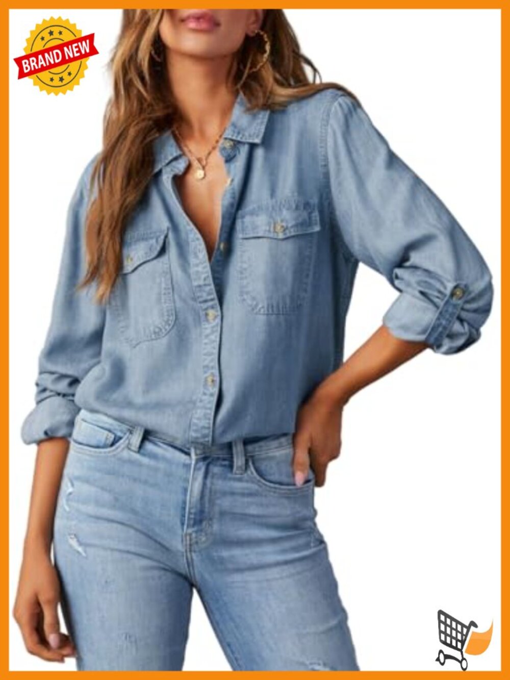 Button Down Denim Shirt Long Sleeve V Neck Chambray Blouse Top